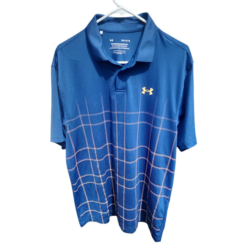 Under Armour Mens Performance Polo‎ Blue Grid Pattern Short Sleeve Shirt Large